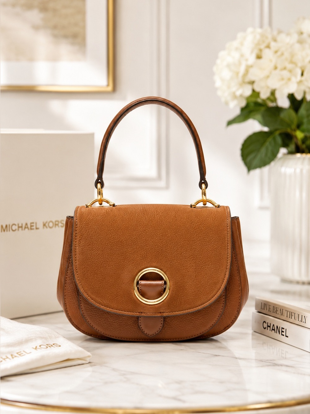 Michael Kors Tan Leather Shoulder Bag Gold Hardware Quiet Luxury Saddle Bag